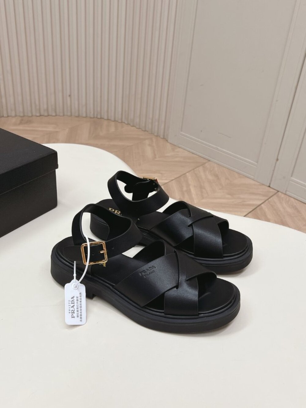 Prada Black Leather Criss‑Cross Platform Sandals